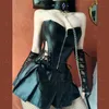 Girl Tube top corset faux pu lederen mini rok 3 % set feestclub sexy punk zwart zomer pak jurk plus maat 8209 220524
