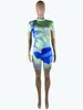 CM YAYA Active Leaf Print Women Two 2 Piece Set Outfits for Summer Short Sleeve T shirt and Shorts Matching Tracksuit 220616