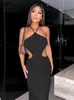 Kliou Ribbed Lace up Maxi Dress Women Sexy Solid Sleeveless Backless BodyShaping Cut Out Skirt Party Clubwear Female Vestidos 220615