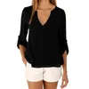 Camisas de mujer Primavera Verano Casual V Cuello Gasa Blusas sueltas Tops Botones elegantes Manga larga Negro Blanco Blusa para mujer Camisas 210401