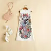 Women's Runway Dress O Neck Sleeveless Cartoon Printed Beaded Sequined A Line Dobby Fashion Short Dresses Vestidos