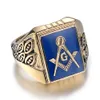 8/9/10/11/12/13 Men Masonic Rings Stainless Steel Gold Plated Blue Resin Enamel Hip Hop Male Freemasons Letter G Souvenir Finger Jewelry Waterproof Accessories