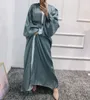 Musulman Satin Eid Ouvert Abaya Dubai Bubble Manches Flowy Turc Robes Caftan pour Femmes Islamique Vêtements Kimono Femme Musulmane 220316h