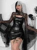 Insgoth Gothic Punk Balck Faux Leather 2pcs Платье винтажное рукавое рукавое топы жены сексуальные платья для ночного клуба Backcon Bodycon 220521
