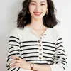 Ladies Knit Sweater Crew Neck Half Cardigan Casual Fashion Versatile Horizontal Stripes Contrast Color Long Sleeve Knit Top L220706