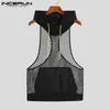 Men Tank Tops Mesh Patchwork See Through Hooded Vacation Sleeveless Pockets Vests Breathable Streetwear Tops S5XL INCERUN 220614