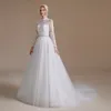 Abiti da sposa a trapezio con collo alto a maniche lunghe in pizzo Abiti da sposa vintage in tulle con perline e strascico di corte Abiti da sposa con bottoni sul retro Vestido de Novia CPS1998