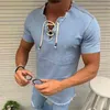 Mens Fashion Lace-Up V-hals Shirt Tassel Denim Summer T-shirt Front Short Sleeve Shirt Blouse Pullover Top Male Clothing Y220426