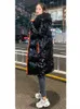 Coat Women Glossy Knee Length Parka High Quality Free Wash 2022 Winter New Loose Black Fur Hooded Thick Warmth Clothing Feminina L220730