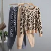 Frauen Zweiteilige Hosen Leopard Gestrickte Frauen Pullover Kostüm Herbst Winter Pullover 2 Stück Set Trainingsanzüge Koreanische Sport Anzüge