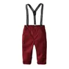 Stripe Fashion Boys Outfits Kids Lapel Long Sleeve Shirt+blazers Outwear+suspender Pants+Bows Tie 4pcs Sets Children Gentleman Sets