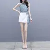 Kvinnors t-shirt mode chiffon t skjortor sätter kvinnor sommar trendig koreansk ärmlösa kulottar två delar dräkt smal estetiska blus kjolar