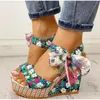 Lucyever Summer Beach Boho Floral Wedge Sandálias Mulheres Ancileira Plataforma Gladiador Gladiador Sapatos Mulheres Salto Alto Sandalias Mujer 220326