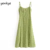 Yaz Elbise Kadınlar Yeşil Çiçek Baskı Sling Elbise Sundress Kadın V Boyun Kolsuz Hem Sliits A-line Şifon Elbise Vestido 220518