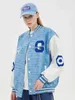 Harajuku Baseball Jacket Men 2021冬のカジュアルなワニの皮の刺繍PUレザージャケットパッチワークカラーブロックボンバージャケットT220728