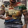 Herren T-Shirts Vintage Route US 66 Grafik 3D-Druck T-Shirt Streetwear Lose O-Ausschnitt Kurzarm Übergroß Lässig