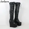 Sorbern 20Cm Slim Heels Wedges Boots Mid Thigh High Over The Knee Platform Custom Slim Fit Legs Lace Up Boot Female Drag Queen