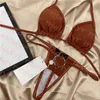 Sexy Swim Swimwear Women Triangle Thong Bikini With Metal Letter Summer Beach Vacation Bathing Suit
