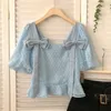 Women's Blouses & Shirts Vintage Clothes Square Collar Butterfly Blouse Women Short Sleeve Lace Korea Style Blusas Casual Solid Sweet Womans