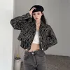 Streetwear Black Striped Denim Jackets Women Korean Fashion Turndown Collar Long Sleeve Short Jackets Female Casual Outerwear 220815