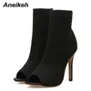 Aneikeh Rome Style Sexig Peep Toe Solid Stretch Fabric Hollow Thin High Heel Ankle Boots Chelsea Stövlar Kvinnor Party Dress Pumps 35 42 220421