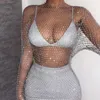 Casual Dresses Black White Shiny Rhinestones Sequin Fishnet Women Mini Dress Sexy Long Sleeve Mesh Hollow Out Transparent Party Clubwear