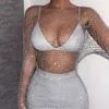 Fritidsklänningar Svart Vit Glänsande Rhinestones Paljett Fishnet Dam Miniklänning Sexig Långärmad Mesh Hollow Out Transparent Party Clubwear