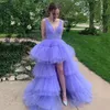 Lavendel hi-low tiered tyll prom klänningar för kvinnor 2022 v hals en linje rygglös prom party klänningar kläder de soiree