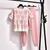 Korean Love Printed Knitted 2 Piece Set Women Short Sleeve Beading Sweater Tops Capris Jogging Pants Suit Pink Casual Tracksuit 220801