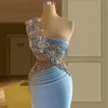 Luxury Pearls Beaded Sky Blue Prom Dresses Pleats Straight Evening Dress Custom Made Floor Length Sleeveless Sweep Train Red Carpet Celebrity Party Gown