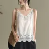 Été Spaghetti Strap Tops Femmes Sans Manches Col En V Broderie Coton Lin Débardeur Casual Vintage Camis Mujer Tee Shirt Femme 220325