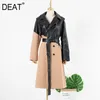 DEAT Womens Woolen Coat Full Sleeve Slim Sashes Lapel PU Leather Patchwork High Quality Casual Autumn Fashion AM759 201102