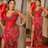 2022 Arabski Plus Size Ara Aso Ebi Red Syrenka luksusowe sukienki na studniówek Sheer szyi