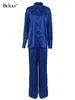 Bclout niebieski bluzka z długim rękawem Satynowa satyna Kobiet eleganckie satynowe długie spodnie i koszule elastyczne spodnie talii kobiety 2 sztuki zestawy t220729