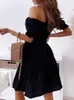 Summer Women Slash Neck Pleated Short Sleeve Solid Loose Mini Dress Casual Party Backless Dresses WDC7991 220615