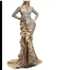 プラスサイズのゴールドスパンコール人魚のウエディングドレスエレガントな長袖イブニングドレス2022肩の女性ハイスプリットフォーマルドレス