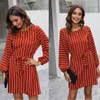 Casual Dresses 2022 Fashion Basic Striped Bandage Dress Women Round Neck High Waist Autumn For