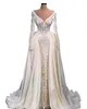 Mermaid Wedding Dress Applqiues Long Sleeves Satin Lace V Neck Hollow Floor Length Detachable Train Bridal Gowns Vestido De Novia