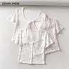Harajuku 70s Vintage O Hals Floral Korte Mouw Tee Base T-shirts Zomer Meisje Single-Breasted Button Korte T-shirt Crop Top 220411