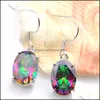 Diğer Mücevher Setleri 3 PCS Düğün Hediyesi Oval Colorf Mystic Topaz Prasiolite 925 Sterling Sier Kolye Zirkon Bilezik Küpeler Drop