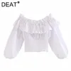 Deat Women Women Loose Sweet Slash Collar Blusa de cetim Branca cor sólida camisa curta moda temperamento primavera verão mz752 210709