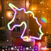 Fowecelt Regenbogen-Einhorn, LED-Neon-Nachtlicht, Heimdekoration, Kinder, Mädchen, Kawaii, Schlafzimmer, Innenbeleuchtung, ästhetische Raumdekoration, Lampe 220406