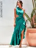 Love Lemonade Sexy Emerald Green Off Shoulder Out Split Ruffled Reflective Satin Party Maxi Dress LM82202 A 220519