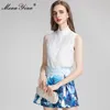 Survêtements pour femmes MoaaYina Fashion Runway Summer Shorts Costume Femme Sans manches Blanc Top et Blue Flower Imprimer Deux pièces SetWomen's