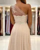 Champagne Chiffon One Shoulder Evening Prom Dresses A Line Sheer Straps Appliques Long Bridesmaid Dresses With Split BC112187202092