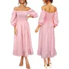 Robes décontractées Femmes Bohème Trois Quarts Printemps Automne Robe mi-longue Adulte Hors Épaule Plissée Puff Seeve PlaidCasual