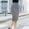 Gigogou houndstooth elastiska band kvinnor kjolar höst vinter varm stickad penna bodycon ribbed midi tröja uppdelning upp 220317