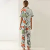 Satin Pajamas with Leaf Printed Cool Summer Short-Sleeved Long Pants Lace-up Cardigan Sleep Tops V-neck Women 220329