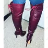 rontic 다리 데이터 무릎 부츠 위에 여성 겨울을 사용자 정의하십시오 Stiletto Heels 라운드 발가락 화려한 부르고뉴 파티 신발 미국 크기 5-20
