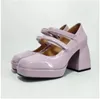 패션- 레이디 리얼 특허 가죽 섹시 레이디 드레스 신발 8.5cm Chinky High Heel Platform Sadals Square Toes Mary Jane 일선 버클